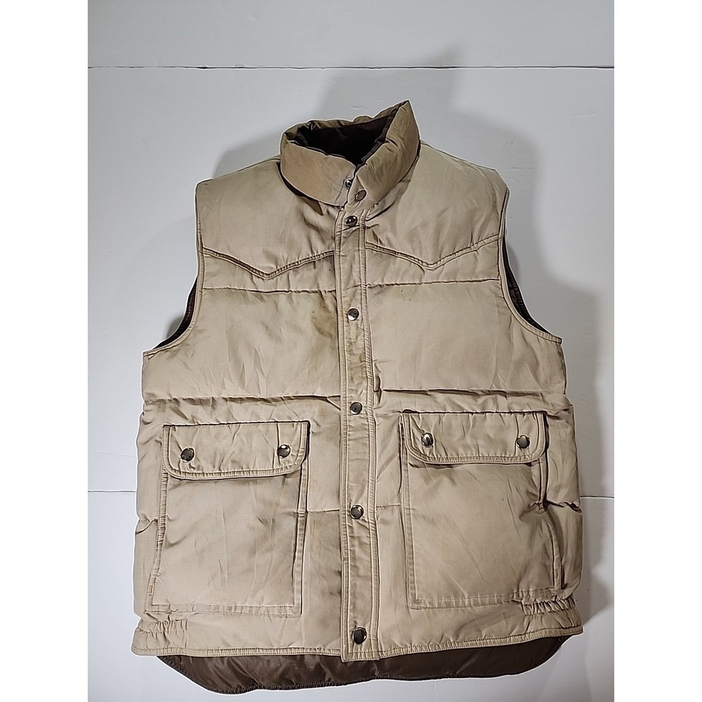VTG SWAN‎ BRAND REVERSIBLE DOWN PUFFER VEST QUILTED Beige Brown SNAP UP MENS